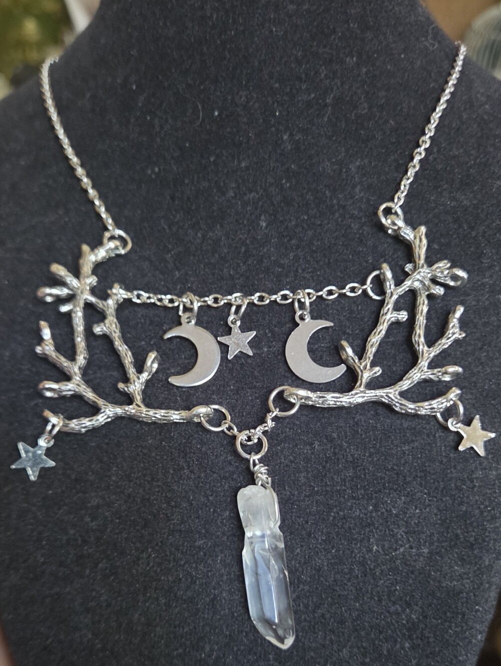 Silver Moon & Star Branch Necklace w/Quartz  Crystal Dangle 22" Adjustable - Picture 2 of 6